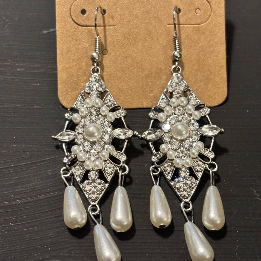 Silver Pearl Drop Chandelier Earrings